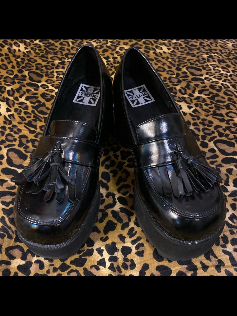 T.U.K. Black Oil Haze Nosebleed Platform Tassel Loafers Size 9